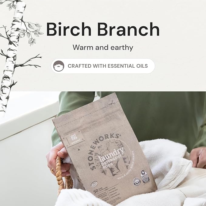 Grab Green Stoneworks Laundry Detergent Pods, Powered by Naturally Derived Plant & Mineral-Based Powder Pods, Birch Branch, 50 Loads (Pack of 1) - EPA Safer Choice Certified