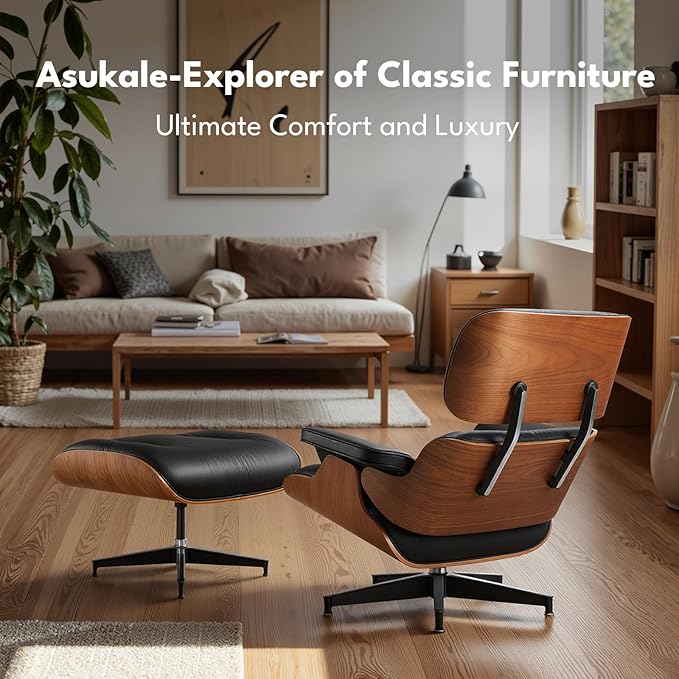 Top Black Grain Leather, Mid Century Chaise Lounge Chair and Ottoman, Modern Chair Classic Design, Heavy Duty Base Support for Living Room Study Lounge Office, Walnut