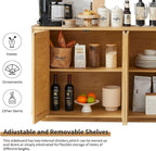 LKTART 64" Sideboard Buffet Cabinet with Storage, Wooden Fluted Storage Cabinet Sideboard with Adjustable Shelves Pressed Spring Rattan Doors for Kitchen Living Room (Natural)