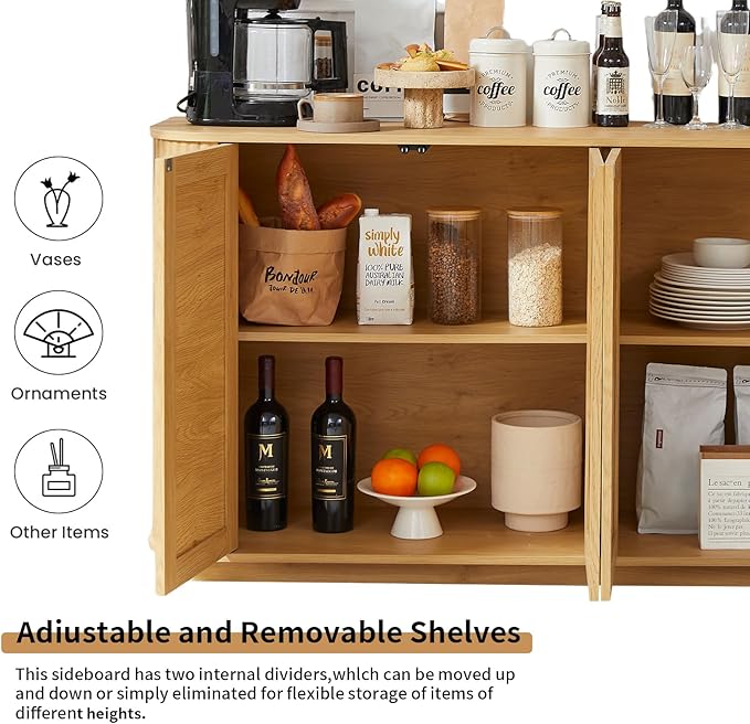 LKTART 64" Sideboard Buffet Cabinet with Storage, Wooden Fluted Storage Cabinet Sideboard with Adjustable Shelves Pressed Spring Rattan Doors for Kitchen Living Room (Natural)