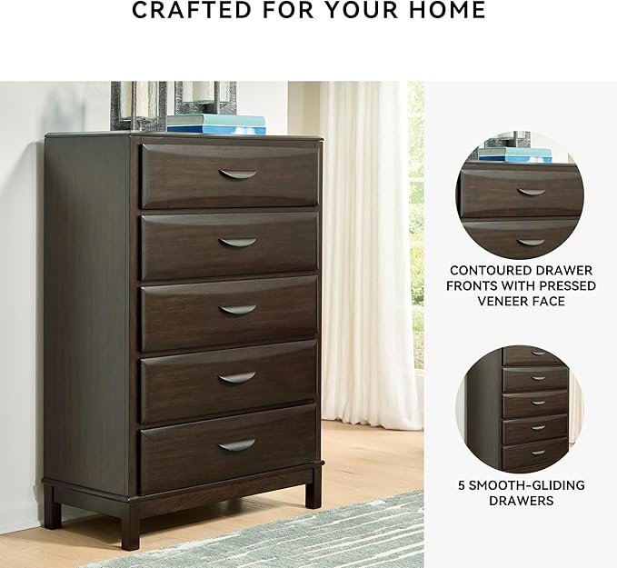 Signature Design by Ashley Vanmore Contemporary 5-Drawer Chest with Felt-Lined Top Drawer and Easy Glide for Bedroom, Dark Brown