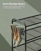 SONGMICS Shoe Rack, 2-Tier Shoe Organizer, Metal Shoe Shelf Storage with 4 Side Hooks, Holds 10 Pairs of Shoes, Height-Adjustable Shoe Rack for Entryway, Hallway, Closet, Easy Assembly, Ink Black