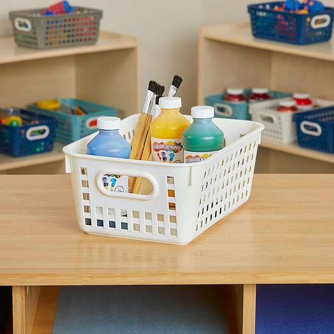 Really Good Stuff Medium Plastic Book Baskets, 11" by 7.5" by 4.5" - 12 Pack, White, Versatile Storage Solution for Classroom, Home and Office, Toy Storage, Multi-Purpose Organizer Basket