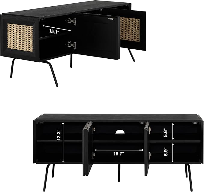 NTC Mossic TV Media Cabinet with 3 Doors for TVs, Entertainment Center with Natural Rattan, Metal Legs, Modern Storage Console for Living Room and Bedroom, Effortless Assembly, Burnt Black