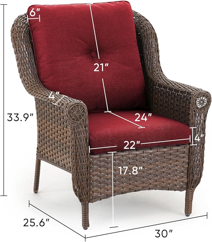 Patio Wicker Chairs Outdoor Furniture Chair - Set of 2 Outside All Weather Lawn Dining Brown Rattan Armchair with High Back&Deep Seating for Deck Porch Balcony Backyard Garden - Red