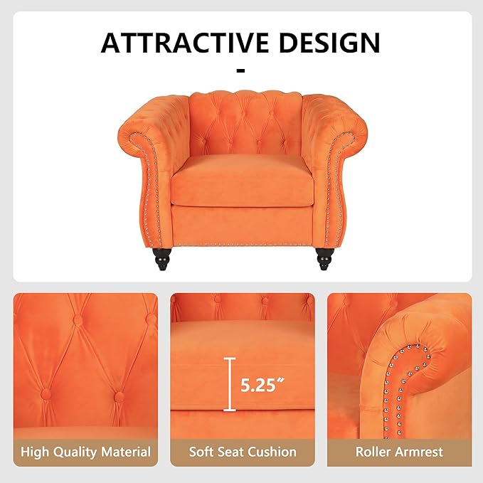 Accent Sofa Chair for Living Room, Mid Century Modern Velvet Upholstered Armchair, Oversized Comfy Single Couch Chair with Cushion, Tufted Chesterfield Sofa Couch for Home, Bedroom, Apartment (Orange)