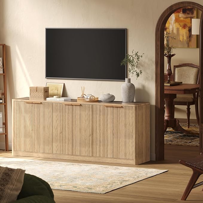 Evermagin 67" Fluted Oak Buffet Cabinet Sideboard with Storage, Large Credenza with 6 Doors, Wood Mid Century Modern Sideboard for Kitchen and Living Room (67"*31.5"*15.7")