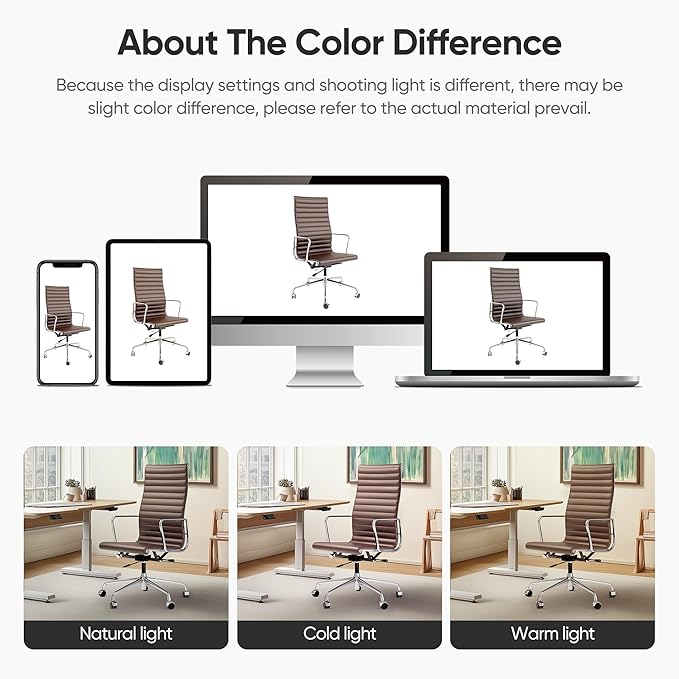 Ribbed Office Chair Top Grain Leather Desk Chair High Back Genuine Leather Swivel Chairs with Aluminum Alloy Arms & Base, with Silent Nylon Wheels, High Adjustable and Tilting Function, Brown
