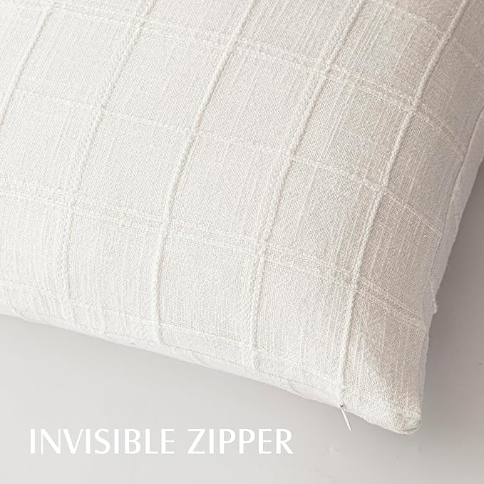 Foindtower Set of 2 Decorative Linen Check Throw Pillow Covers Neutral Farmhouse Lumbar Cushion Covers Modern Boho Home Decor for Sofa Chair Couch Bedroom Living Room,12×20 Inch,Cream White