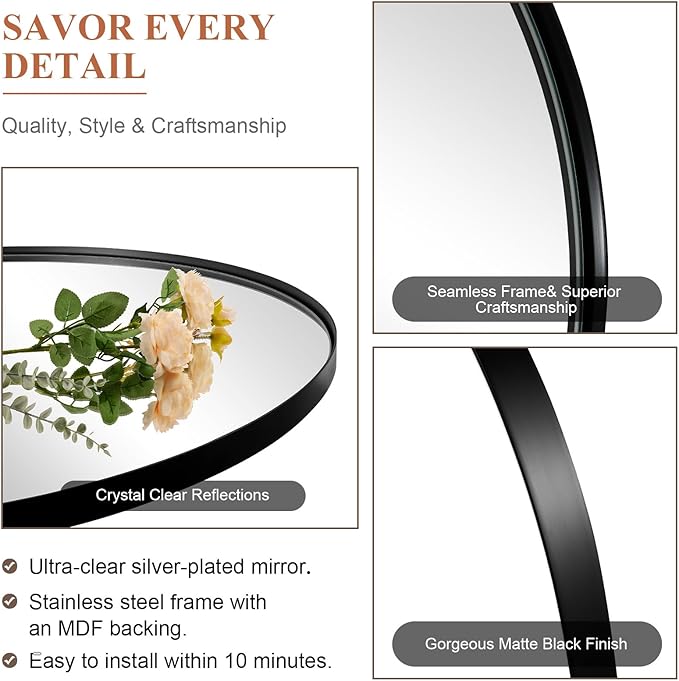 ANDY STAR Arched Mirror, 24" x 38" Black Bathroom Mirror in Stainless Steel Metal Frame, Arch Top Rounded Corner 1" Deep Set Design Wall Mount Hangs Vertical