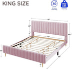 Livinia King Size Elton Velvet Platform Bed, Upholstered Bed Frame with Vertical Channel Tufted Headboard Footboard, Strong Wood Slats, No Box Spring Needed, Pink (King)
