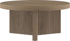 Henn&Hart 32" Fluted Round Low-Profile Coffee Table with Ribbed Pedestal Base for Living Room, Family Room, Office, or Apartment, Antiqued Gray Oak