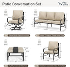 PHI VILLA 7 PCS Patio Furniture Set,Metal Outdoor Furniture with 1x 3 Seater Cushioned Deep Seating Bench Sofa, 2 Swivel Chair, 2 x Leg Chairs & 2 Ottoman,Outdoor Seating for 7 Person