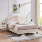 VECELO Full Size Beds Upholstered Platform Bed Frame with Height-Adjustable Teddy Fabric Headboard/Strong Wood Slats Supports / 7.9'' Under Bed Storage Space/Noise Free/No Box Spring Needed, Cream
