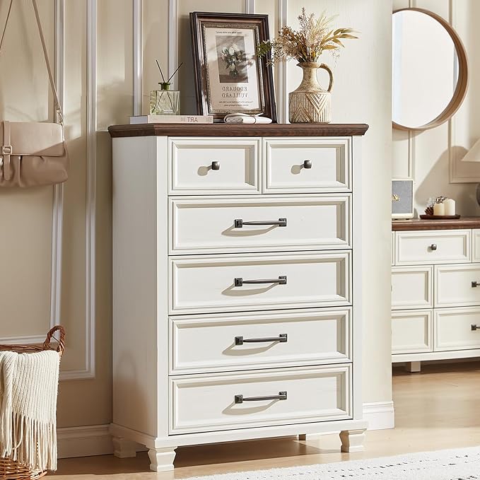 Farmhouse Bedroom Dresser and Nightstand Set of 4, 6 Drawer Tall & Low Dresser & 2 Drawer Nightstand Set, Rustic Wood Bedroom Furniture Set for Livingroom, Hallway, White