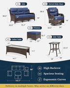 HILLGA Luxury Patio Furniture Set with 6-inch Thick Cushion, Outdoor Couch and High Back Swivel Rocker Patio Chairs, 7PCS Wicker Conversation Set for Deck Yard and Poolside, Blue (V2)
