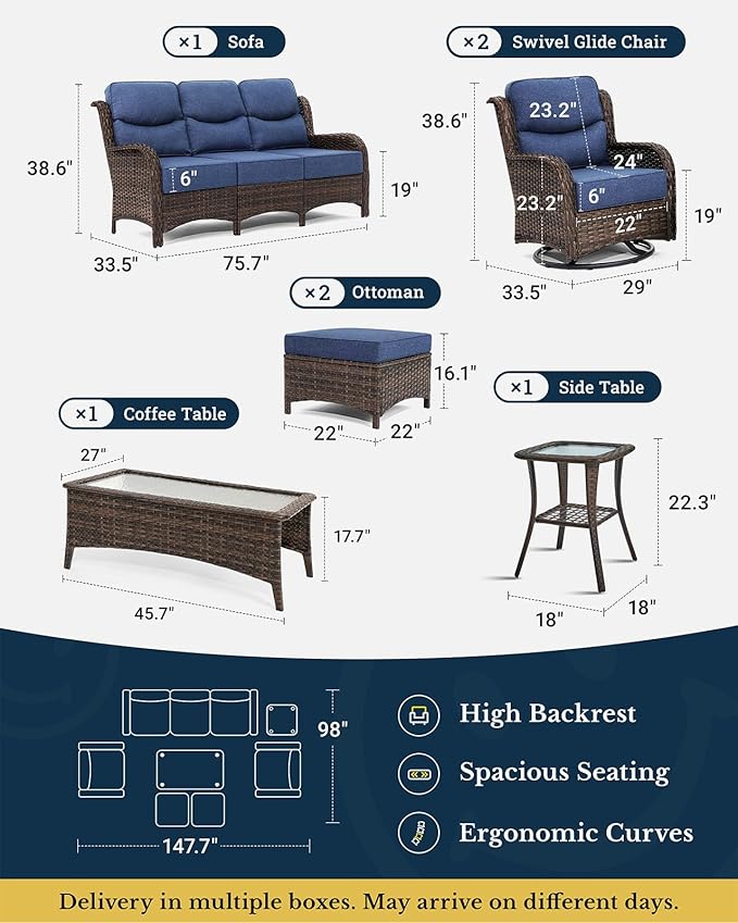 HILLGA Luxury Patio Furniture Set with 6-Inch Thick Cushions, High Back Outdoor Swivel Rocker Chairs and Patio Couch, 7-Piece All Weather Conversation Set for Porch Deck Pool Yard, Blue (V3)