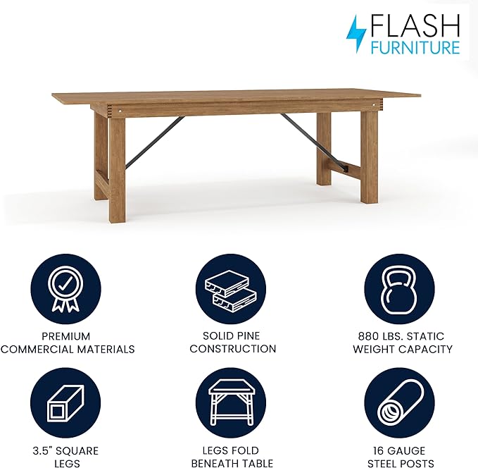 Flash Furniture Hercules Series 8' x 40" Rustic Solid Pine Folding Dining Table, Rectangular Antique Farmhouse Dining and Event Extension Table