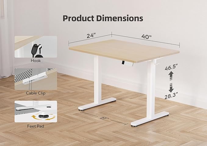 YDN Electric Standing Desk Adjustable Height, 40 x 24 Inches Stand up Desk with Cable Management, Home Office Desks with Splice Board & White Frame, Nature Top