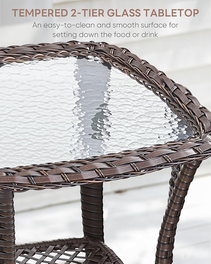 3 Piece Patio Brown Wicker Chairs with Side Table - Outdoor High Back Heavy Duty All-Weather Lawn Dining Rattan Chair Conversation Bistro Set for Deck Porch Balcony Backyard Garden - Orange