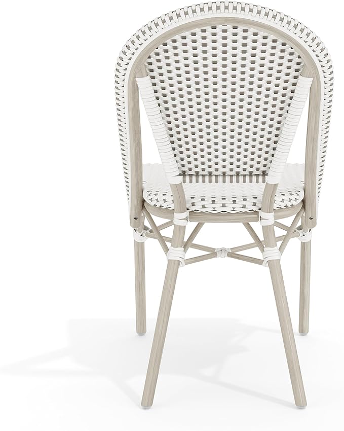 Martha Stewart Lily Pond Indoor-Outdoor Stackable Aluminum Bistro Chair with Gray Woodgrain Frame Finish and White/Gray Woven Rattan Backrest and Seat
