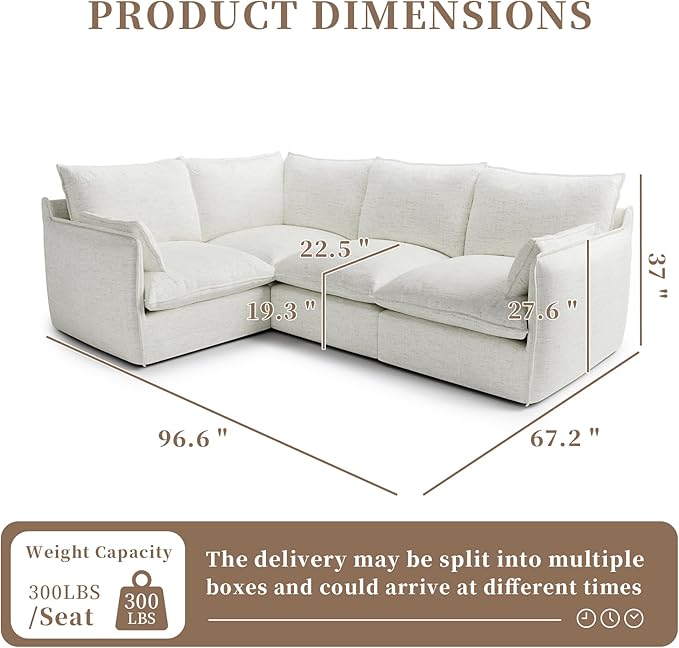 Waterproof Cloud Sectional Sofa for Living Room,High Backrest Down Filled Couches,5 Seater Oversized Modular V-Shaped Sofa,Detachable Couch Covers,Light Grey