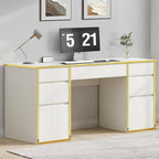 58 Inch White Desk with 7 Drawers, White and Gold Computer Desk with File Drawers for Bedroom, Home Office Desk for Study, Living Room