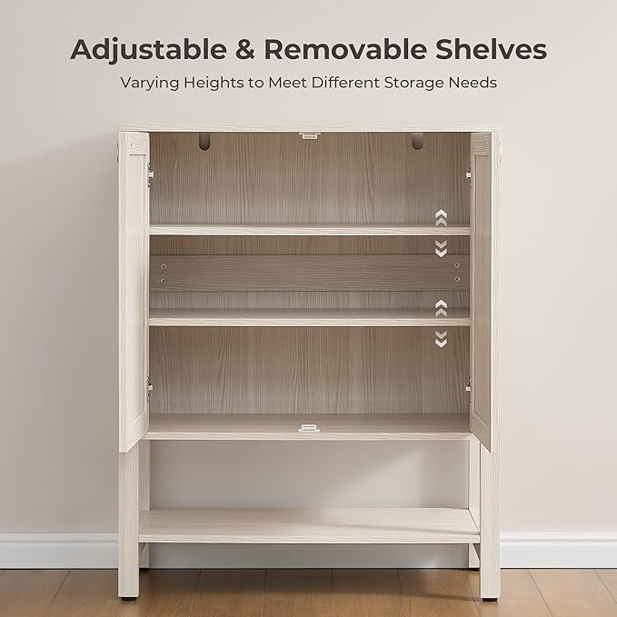 SICOTAS Shoe Storage Cabinet for Entryway - 5 Tier Rattan Entry Shoe Organizer Cabinet with Shelves & Doors, 2 Pieces Farmhouse Boho Shoe Rack for Hallway, Living Room, Closet (White Cream Oak)