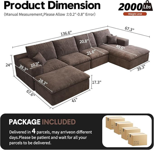 136.6'' U-Shaped Modern Modular Sectional Cloud Couch Whit Ottoman, 4-Seat Chenille Deep-Seat Sofa with Pillow for Living Room, Bedroom, Apartment, Camel