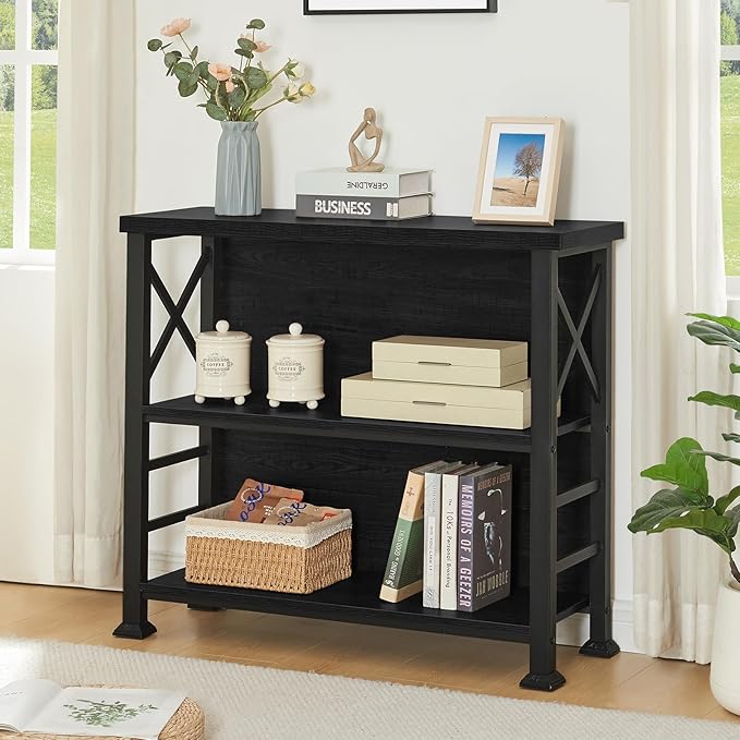 HOMBAZAAR Book Shelf,3 Tier Small Bookshelf with Metal Frame and Backboard,Black Deep Bookcase with Engineered Wood Shelves,Short Shelf Bookcase for Living Room,Bedroom and Office