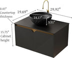30 Inch Bathroom Vanity with Sink, Floating Fluted Vanity with Vessel Sink, Modern Bathroom Vanity Cabinet with 2 Doors, Bowl Vessel Sink & Sintered Stone Top, Black