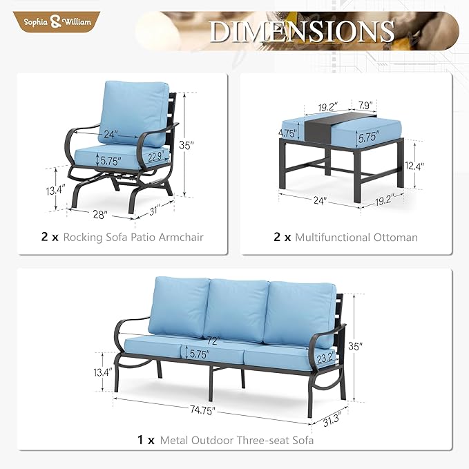 Sophia & William Patio Furniture Sets 5 Seats Outdoor Metal Conversation Sets 5 Pcs with 2 x Cushioned Swivel Sofa Chairs,1 x 3-Seat Sofa,2 x Ottomans for Coffee Lawn Backyard Poolside Blue