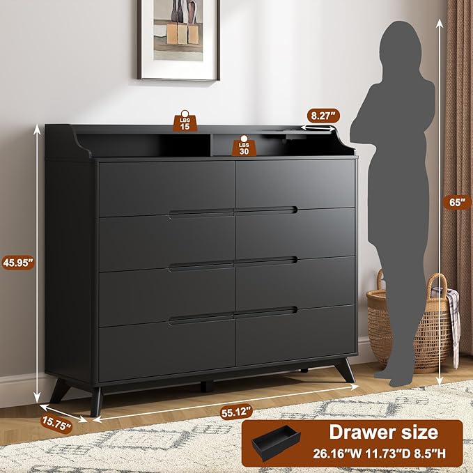 Dresser for Bedroom with 8 Drawers, 55" Large Dresser & Chest of Drawers with Charging Station, Wood Closet Clothes Storage Tall Dressers Organizer for Bedroom Living Room Hallway, Black