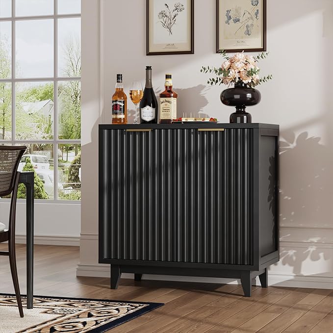 Fluted Coffee Bar Cabinet with Storage, Modern Sideboard Buffet Cabinet with Removable Wine Rack, Drawer, Adjustable Shelf, Black Liquor Cabinets for Living Room, Dining Room, Kitchen, Entryway