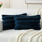 FUTEI Navy Blue Decorative Throw Pillow Covers 12x20 Inch Set of 2, Square Soft Faux Rabbit Fur Thick Striped Lumbar Pillow Case,Winter Home Decor for Couch Bed Living Room