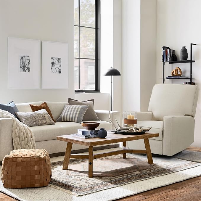 Harkawon Swivel Rocker Recliner Chair, Glider Rocker Recliner, Rocking Chair Nursery, Fabric Chair with High Back, Deep Seat, for Living Room, Bedroom, Beige+Brown