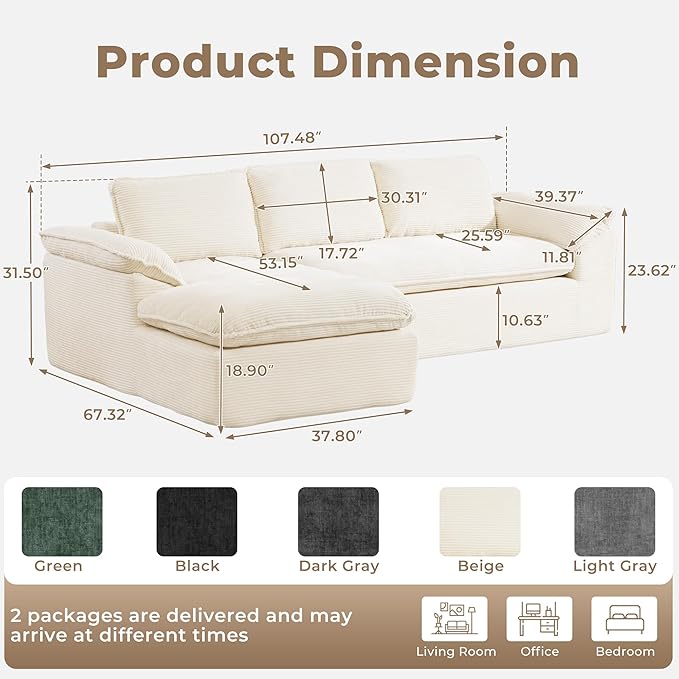 Modular Sectional Sofa, 107.5" L-Shaped Boneless Couch with Deep Seat, Modern Minimalist Upholstered Cloud Sectional Couch for Living Room Bedroom, No Assembly Required, Beige Corduroy