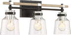 Possini Euro Design Broadway Modern Industrial Wall Light Black Painted Faux Wood Hardwired 23" 3-Light Fixture Clear Seedy Glass Shade for Bedroom Bedside Bathroom Vanity Living Room Hallway House