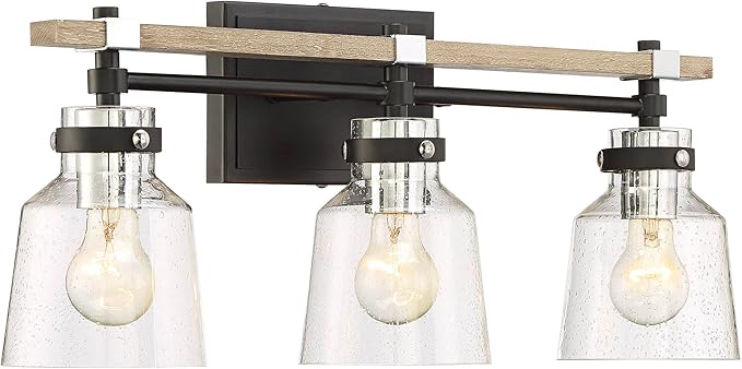 Possini Euro Design Broadway Modern Industrial Wall Light Black Painted Faux Wood Hardwired 23" 3-Light Fixture Clear Seedy Glass Shade for Bedroom Bedside Bathroom Vanity Living Room Hallway House