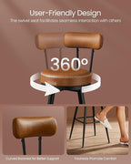 VASAGLE EKHO Collection - Bar Stools Set of 2, Swivel Bar Height Bar Stools with Back, Synthetic Leather with Stitching, Mid-Century Modern, 30-Inch Tall Barstools for Kitchen Home Bar, Caramel Brown