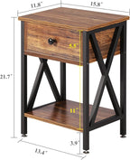 VECELO End Tables, Modern Nightstand with Drawer & Shelf, Night Stand for Bedroom Living Room,Industrial Metal Frame