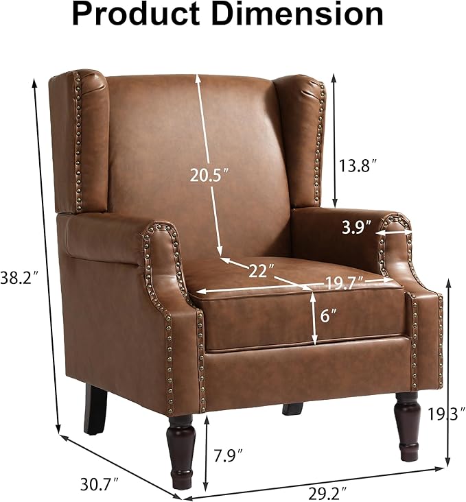 Pia Ricco High Back Floral Accent Chair - Retro Wingback Upholstered Armchair in Faux Leather, Nailhead Trim & Solid Wood Legs for Living Room Bedroom Reading Chair（Brown