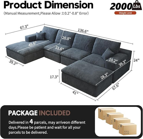 136.6'' U-Shaped Modern Modular Sectional Cloud Couch Whit Ottoman, 4-Seat Chenille Deep-Seat Sofa with Pillow for Living Room, Bedroom, Apartment, Ocean Blue