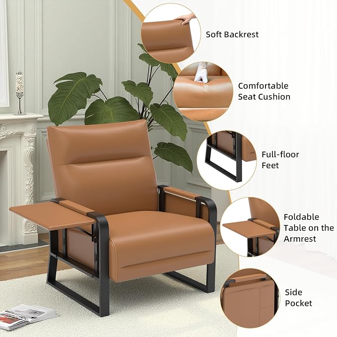 Faux Leather Accent Chair with Flip Up Tray Table Soft Backrest Side Pocket for Living Room Office Bedroom Leather Accent Chair, Brown