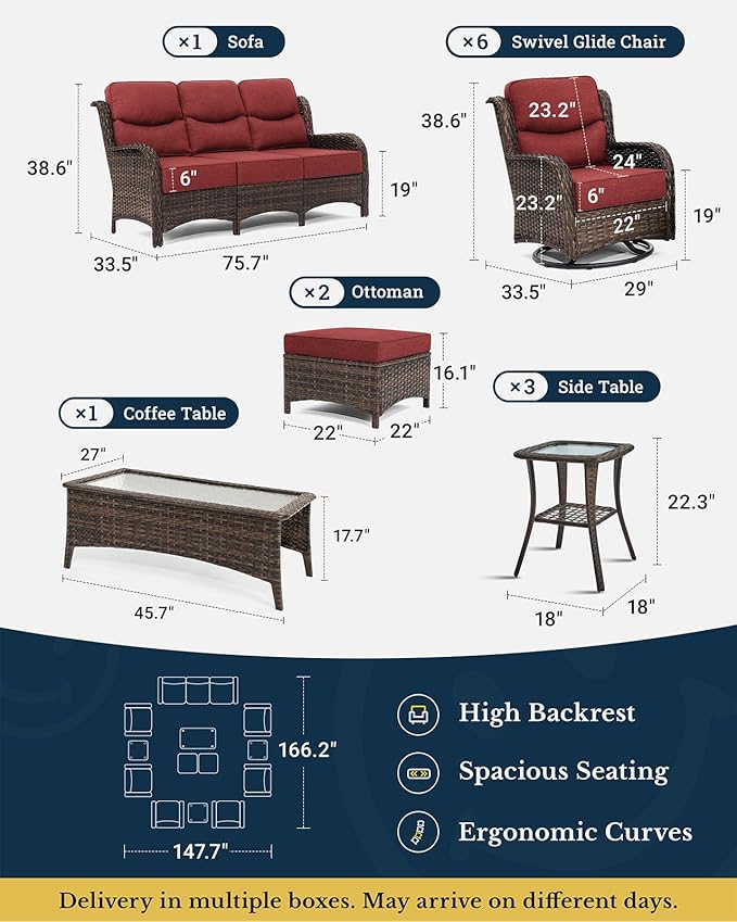 HILLGA Luxury Patio Furniture Set with 6-Inch Thick Cushions, High Back Outdoor Swivel Rocker Chairs and Patio Couch, 13-Piece All Weather Conversation Set for Porch Deck Pool Yard, Burgundy (V3)