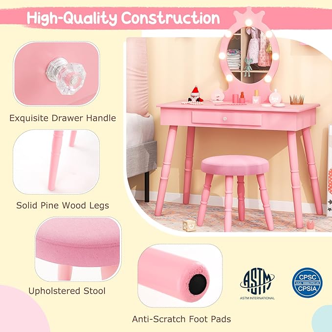 Costzon Kids Vanity, Girls Vanity Set with Mirror and Stool and Lights, Drawer, 2 in 1 Wooden Makeup Vanity Desk Dressing Table, Kids Vanity Table and Chair Set (Pink)