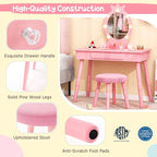 Costzon Kids Vanity, Girls Vanity Set with Mirror and Stool and Lights, Drawer, 2 in 1 Wooden Makeup Vanity Desk Dressing Table, Kids Vanity Table and Chair Set (Pink)