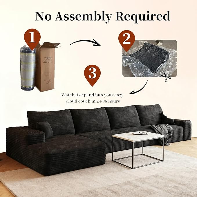 135.4'' Oversized Cloud Sofa Sectional Couch, Boneless Couch with L-Shape Chaise, Upholstered Compression Modular Sectional Sofa for Living Room, No Assembly Required (Black, Left Facing Chaise)