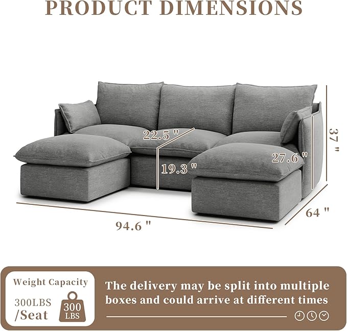Waterproof Cloud Sectional Couches for Living Room,High Backrest Down Filled Couch,5 Seater Oversized Modular U-Shaped Sofas,Detachable Sofa Covers,Dark Grey