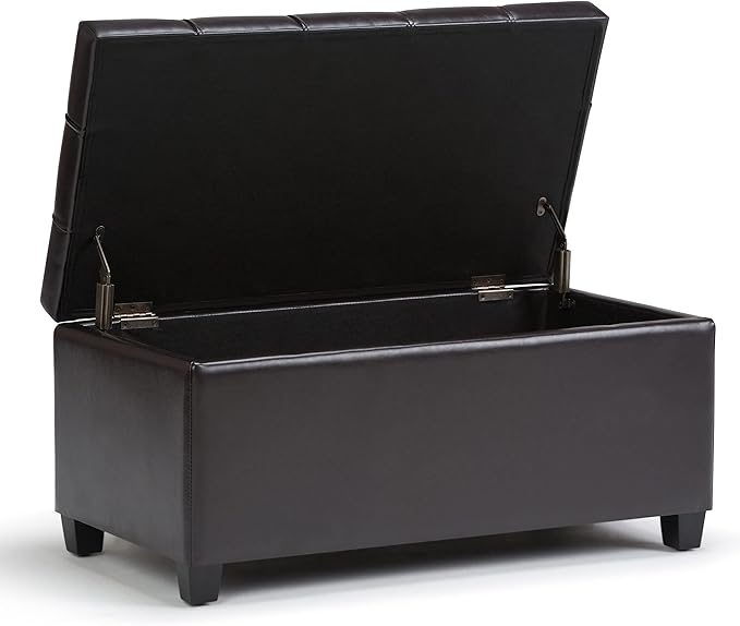 SIMPLIHOME Sienna 33 inch Wide Transitional Rectangle Storage Ottoman Bench in Tanners Brown Vegan Faux Leather, Assembled, For the Living Room, Entryway and Family Room